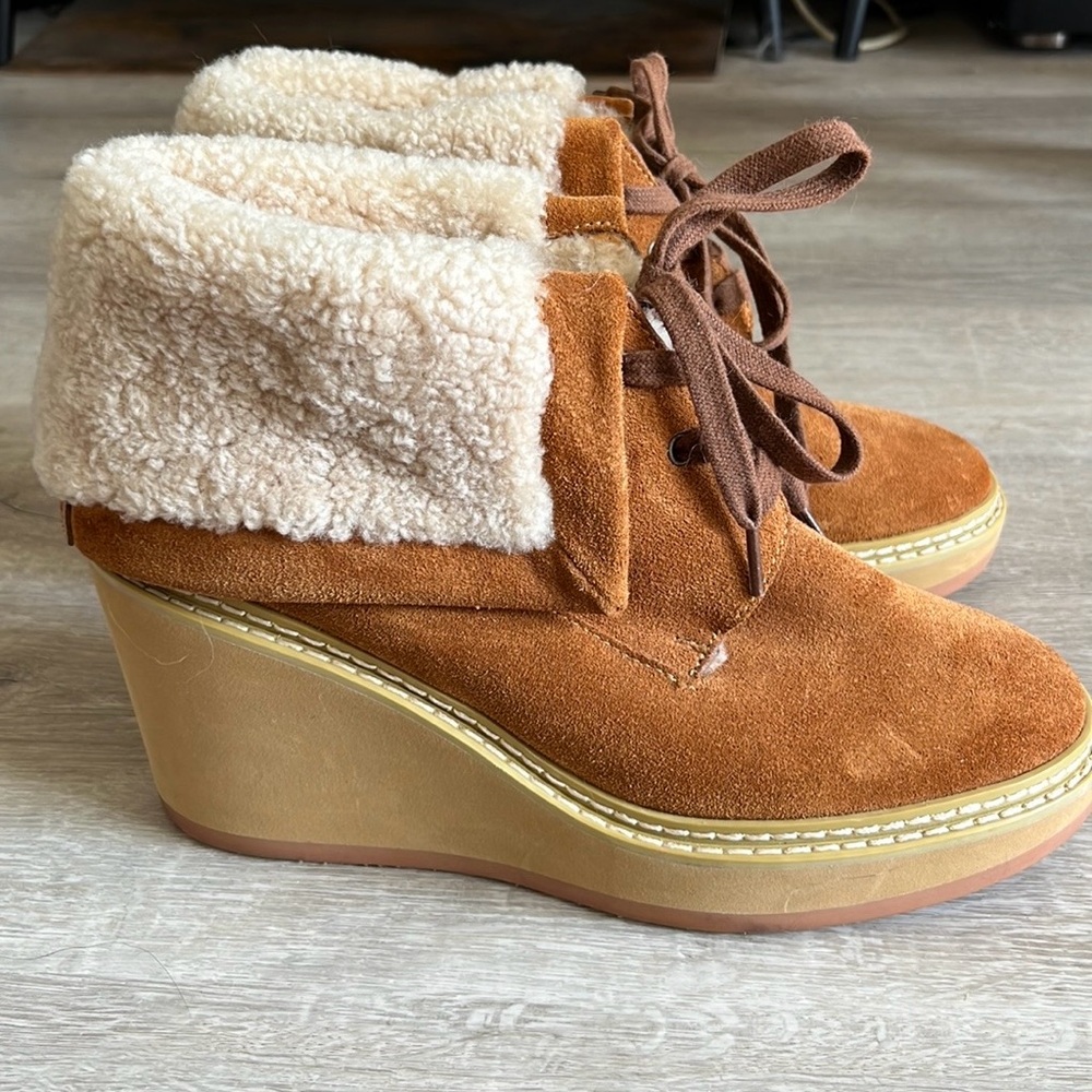 See by Chloe Shearling and Suede Wedge-Heeled Booties